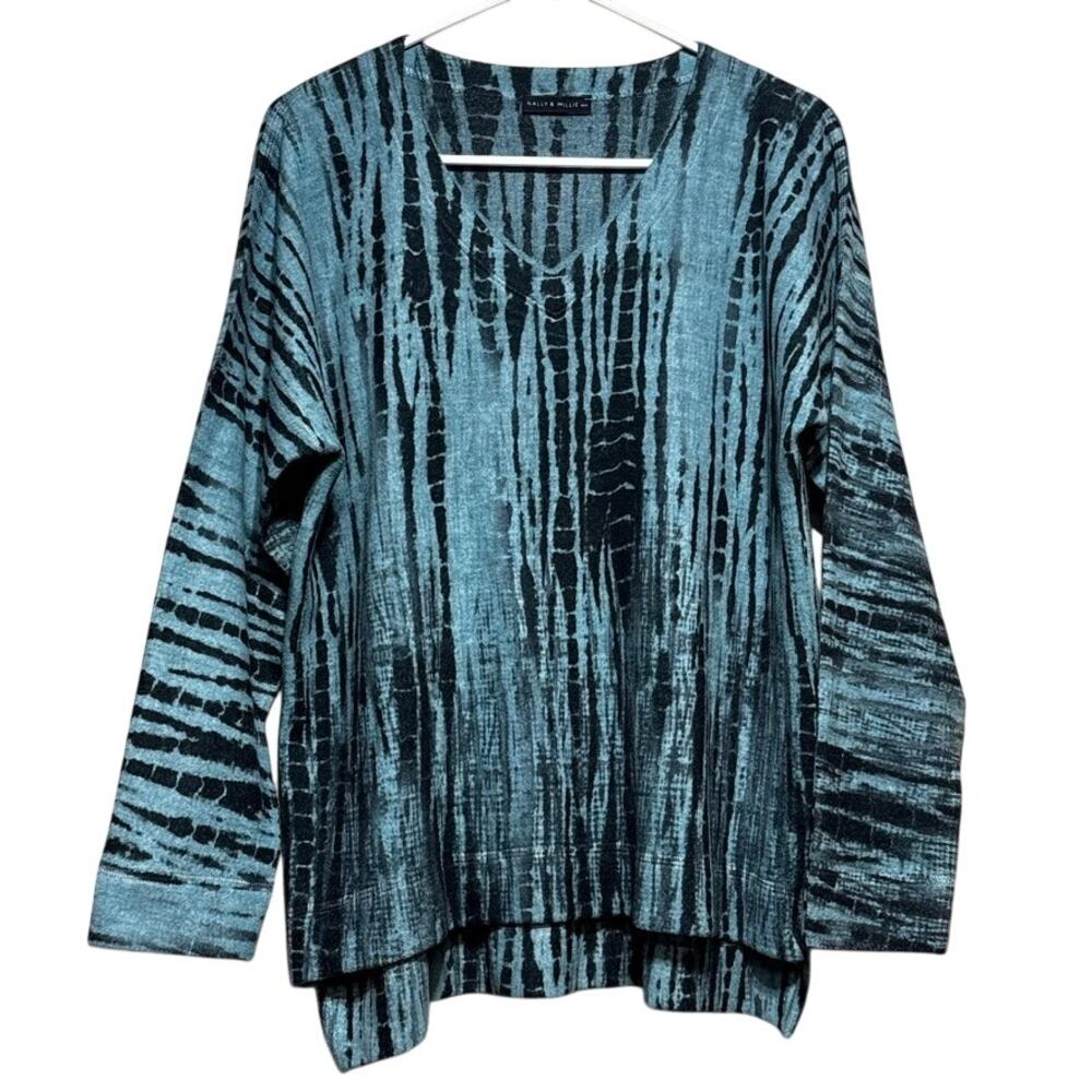 Nally & Millie Tie Dye Sweater Tunic Womens L XL Blue Black V-Neck Pit-Pit 22.5"